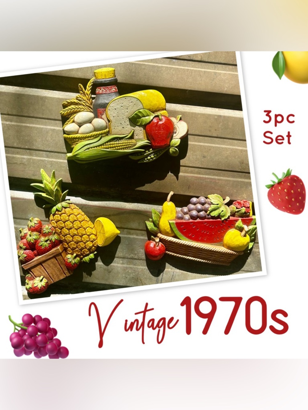 Vintage Homco Fruit & Bread Wall Plaque Set -